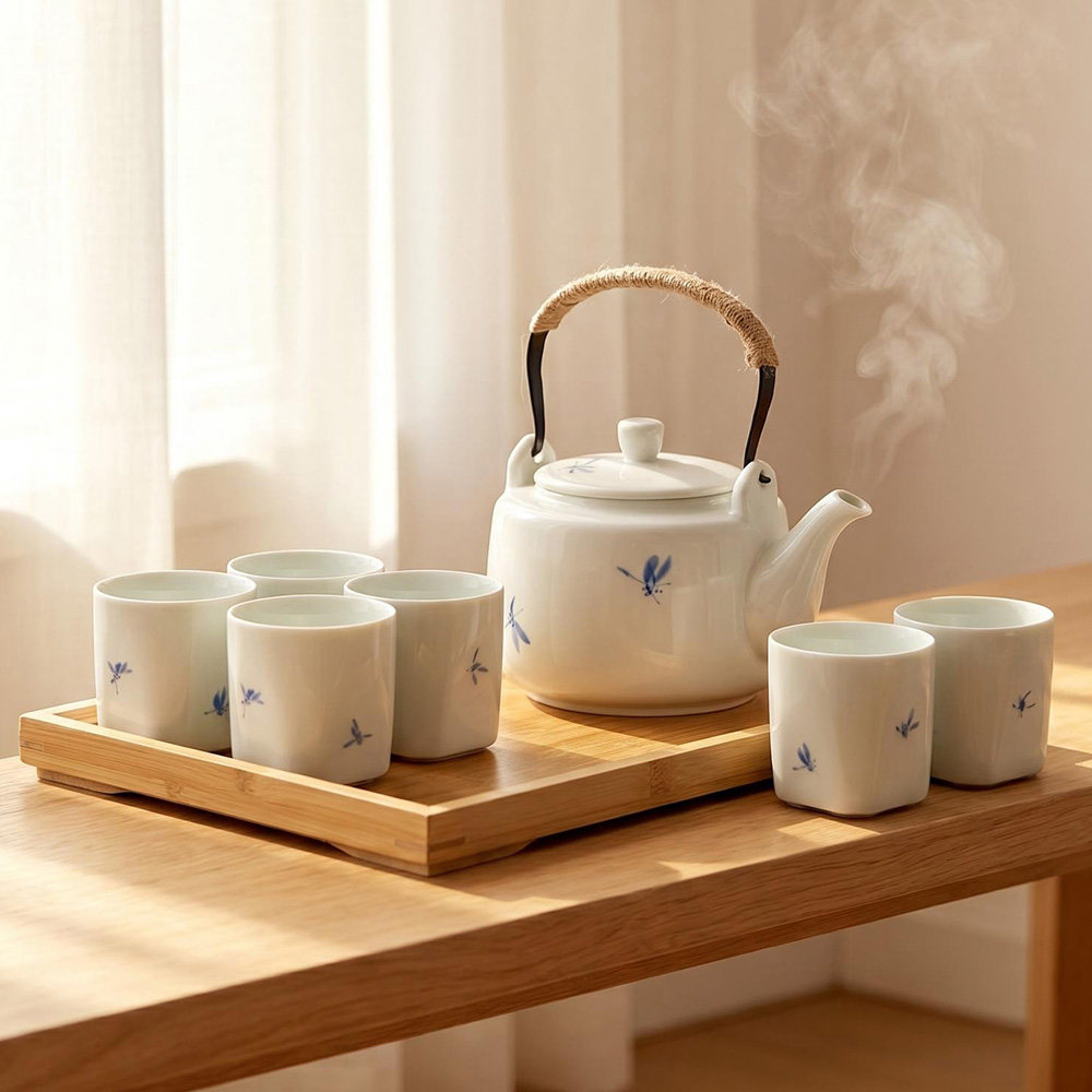 小清新茶具套装家用整套景德镇陶瓷简约大容量提梁茶壶茶杯带茶盘