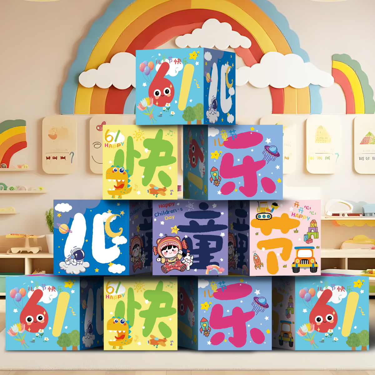 六一儿童节装饰幼儿园教室班级布置立体盒子拍照打卡道具地堆盒