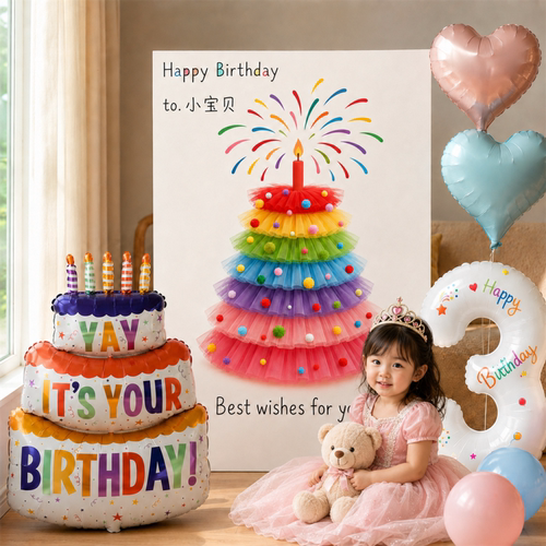 儿童周岁生日场景布置装饰氛围背景kt板拍照道具快乐仪式女孩派对