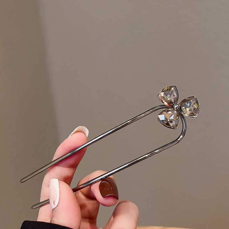 新中式水钻三叶草U型发簪女气质简约高级感盘发簪子发钗个性插梳