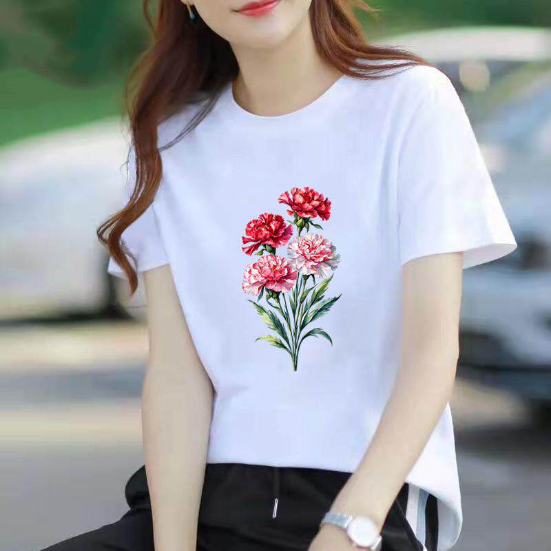 爆款女韩版洋气上衣网红通勤ins夏季印花短袖白色花朵潮圆领T恤