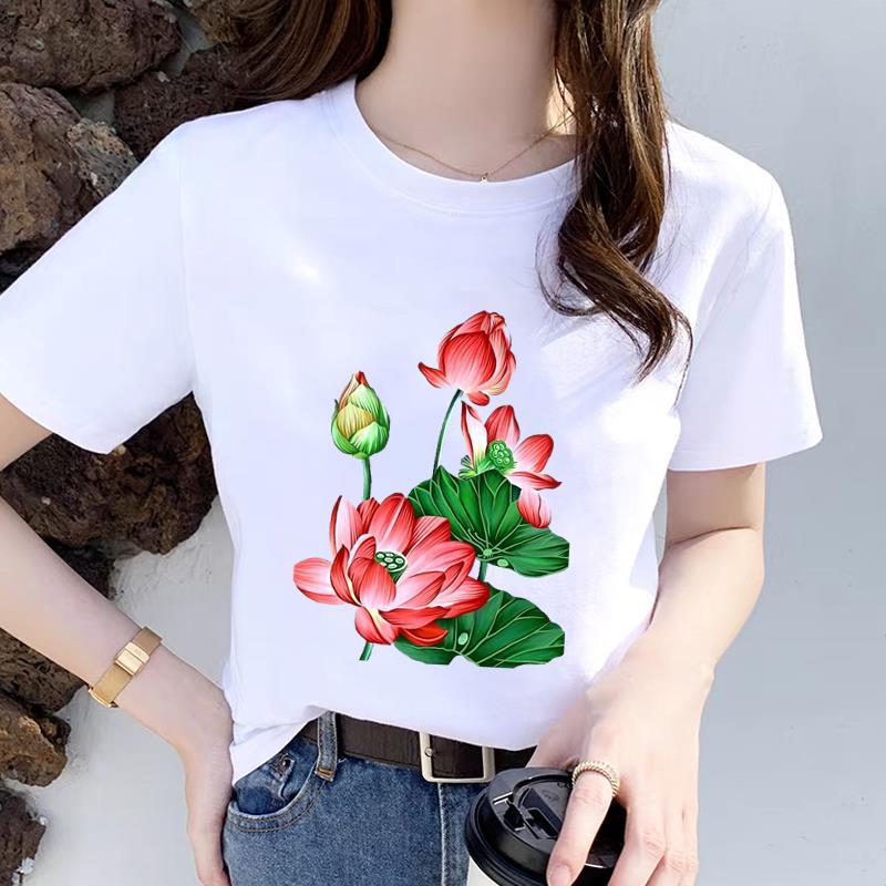 上衣荷花休闲爆款女通勤网红ins夏季印花打底衫韩版短袖圆领T恤