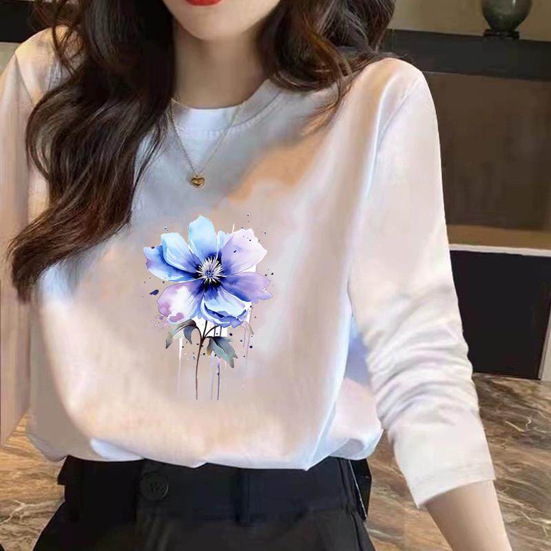 通勤洋气休闲ins春秋冬季可爱花朵美式印花女圆领气质时尚长袖T恤