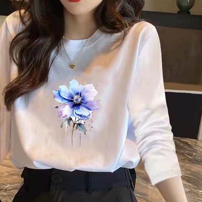通勤洋气休闲ins春秋冬季可爱花朵美式印花女圆领气质时尚长袖T恤