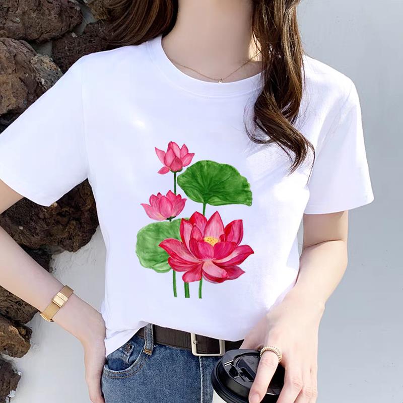 韩版上衣打底衫网红爆款女通勤ins夏季可爱荷花印花短袖圆领T恤
