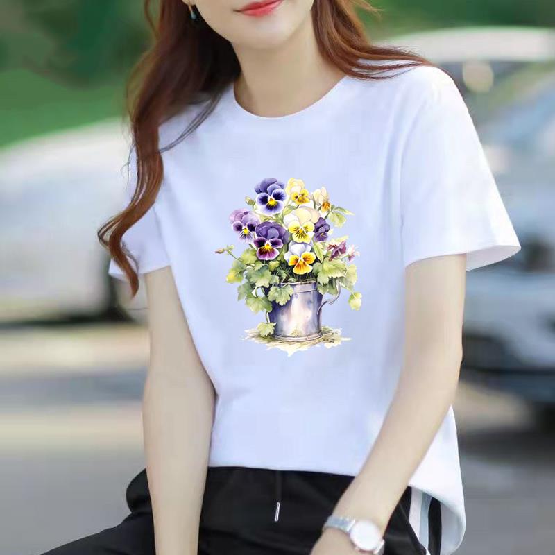 夏季短袖流行网红时尚印花休闲上衣爆款女通勤ins新款白色圆领T恤