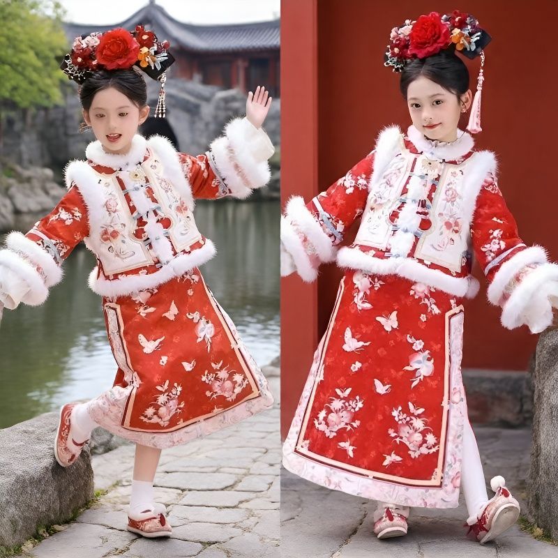 女童冬装宝宝中国风马甲旗袍裙套装女孩古装格格服过年拜年服