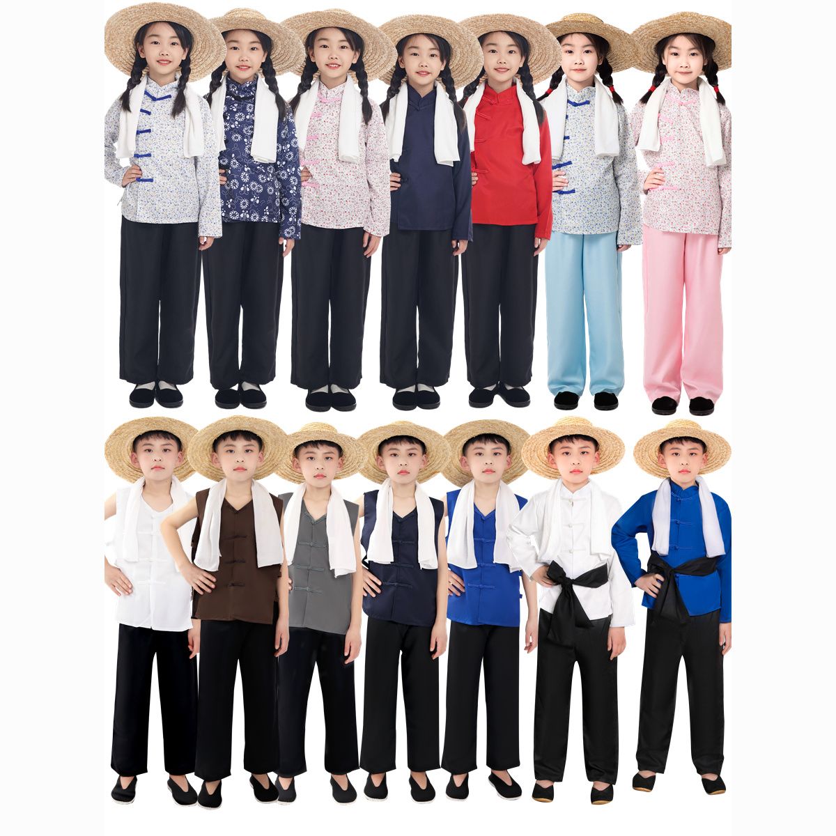 儿童农民村姑衣服草帽阿宝村民百姓劳动放牛放羊娃怀旧演出表演服