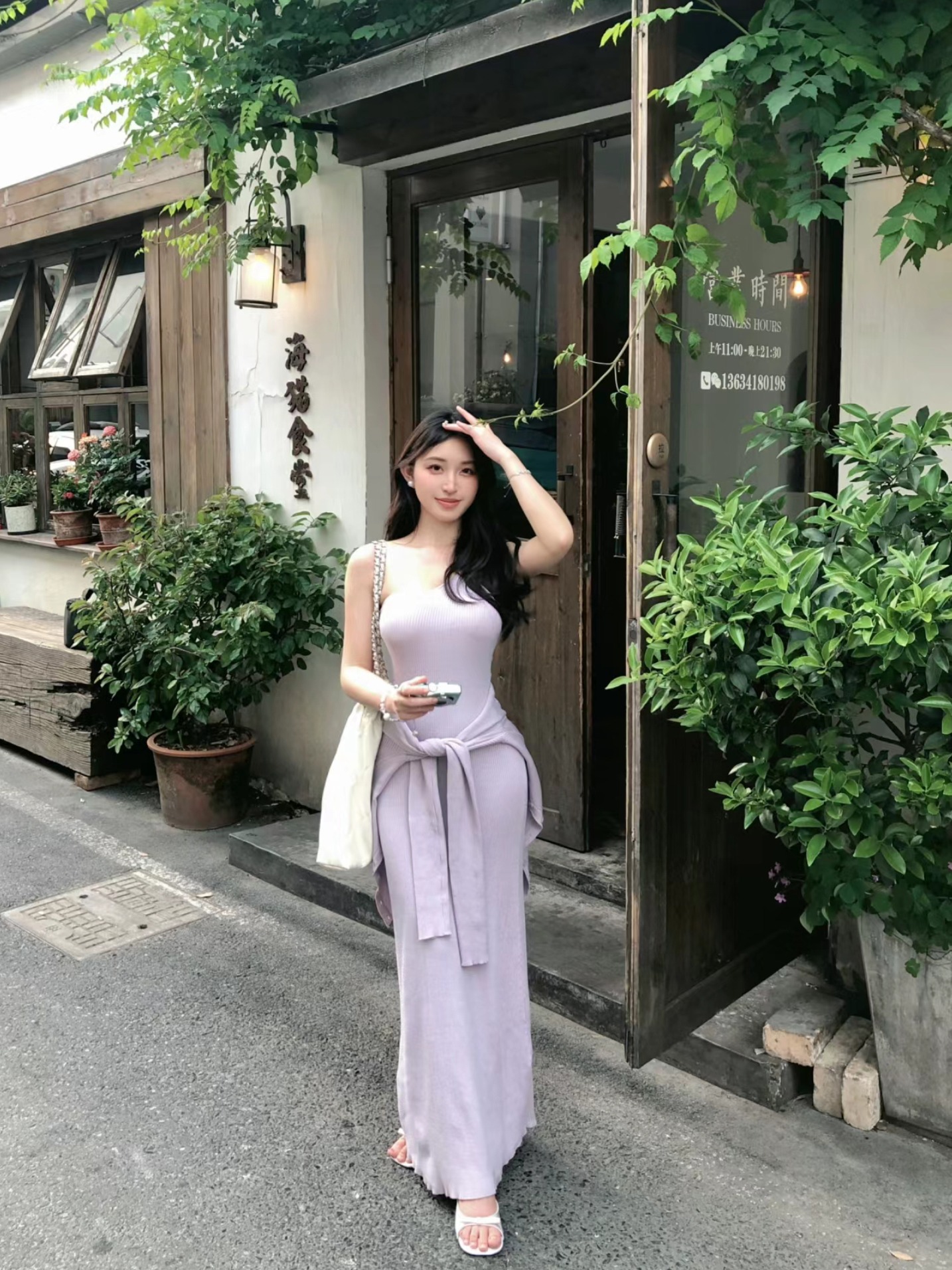 famouswang2024年夏季新款设计感露思紫色斜肩针织连衣裙女小个子