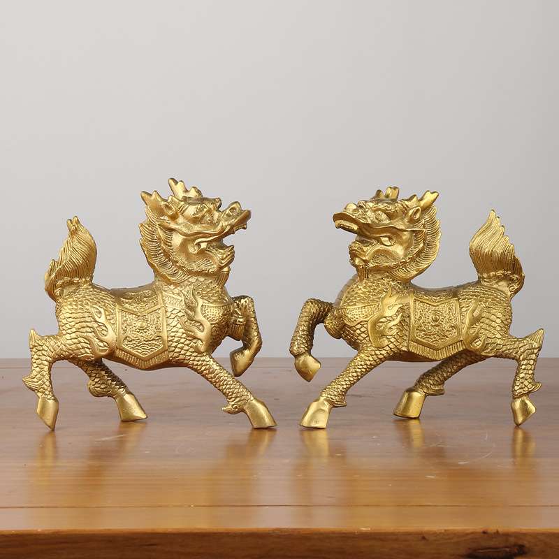黄铜麒麟摆件火麒麟摆件一对财福麒麟家居桌面铜器工艺品