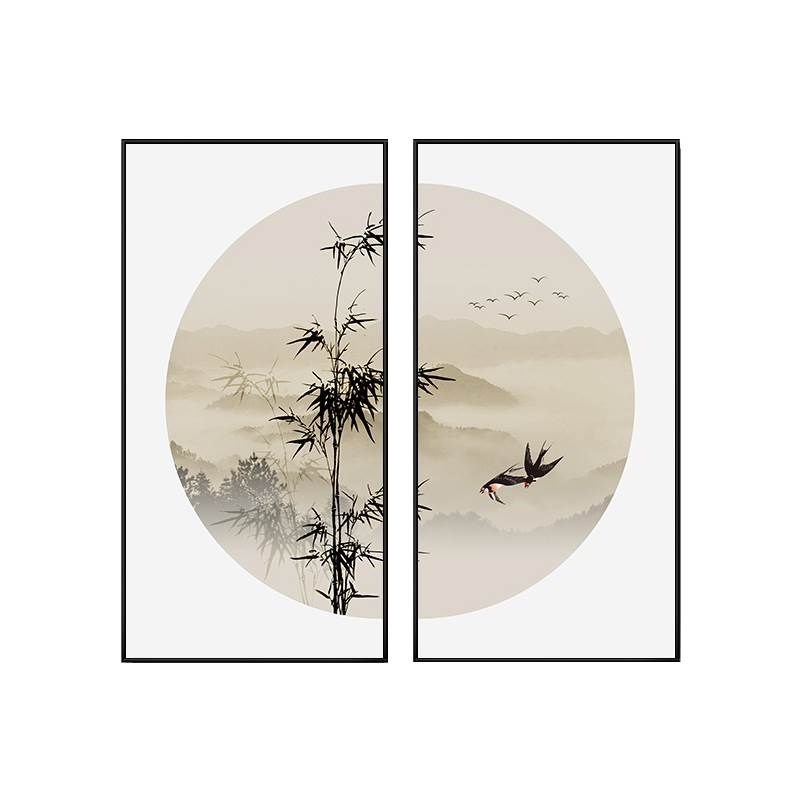 新中式禅意山水挂画书房茶室壁画客厅玄关走廊两联装饰画水墨画