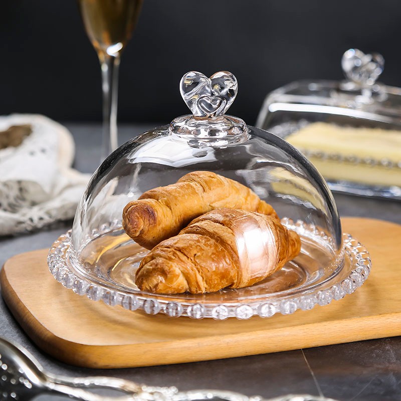 爱心玻璃甜品盘子 欧式透明带盖托盘家用水果盘 防尘罩试吃盘餐具