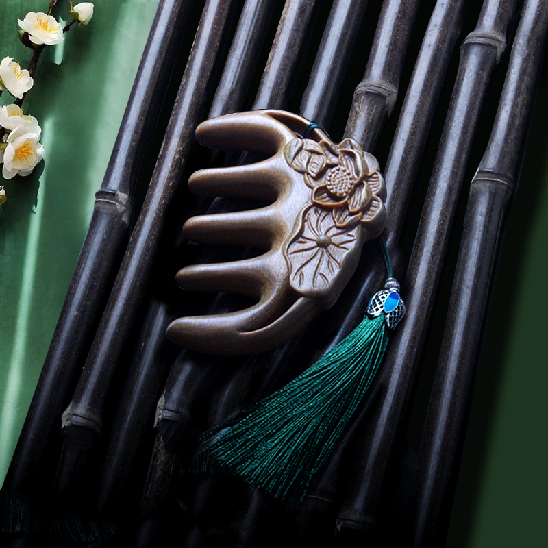 按摩绿檀木梳梳子女士专用长发复古风头部经络家用雕花抓周礼盒