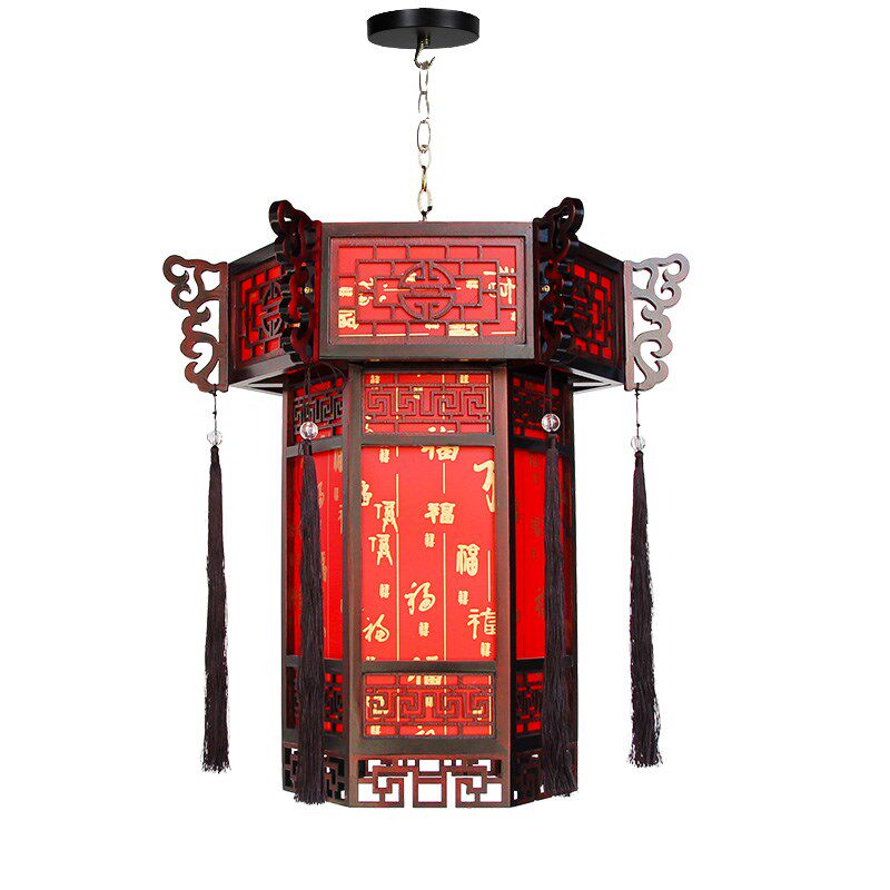 新中式仿古实木六角灯笼阳台吊灯寺庙祠堂中国古风古龙灯景区户外