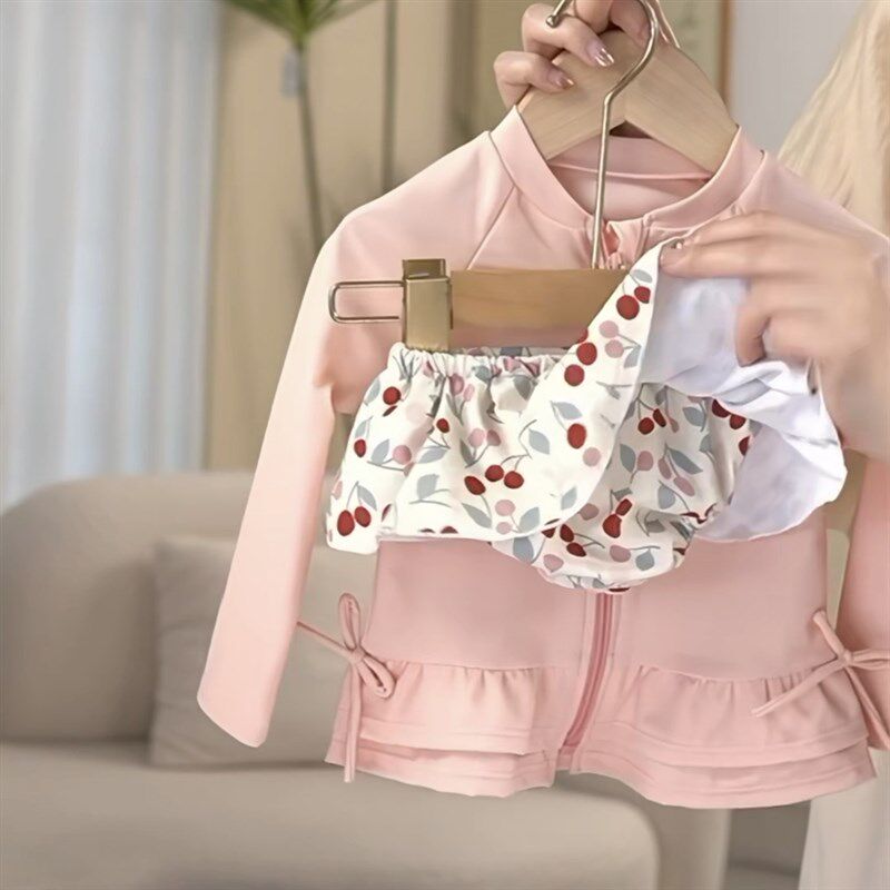 儿童泳衣女孩3岁分体泳衣套装宝宝防晒长袖泳装网红泳衣裙甜美潮