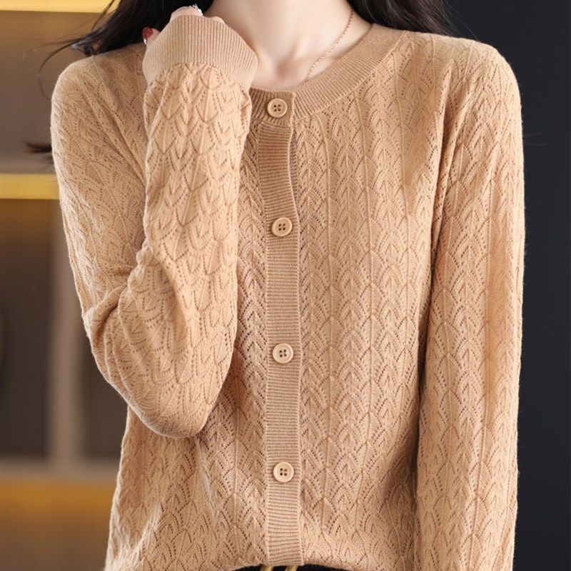 2023春夏季圆领精纺羊毛开衫女薄款镂空外搭宽松显瘦打底针织外套