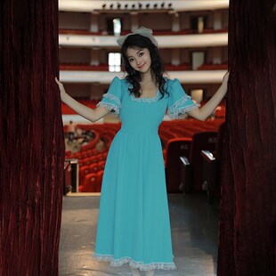 南君梦中小蓝甜美法式复古方领蕾丝公主风连衣裙长裙今年流行