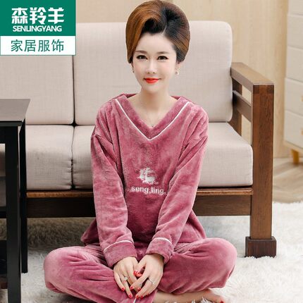 女士珊瑚绒睡衣加厚加绒套头法兰绒秋冬季中老年大码可外穿家居服