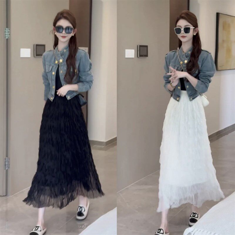 春秋套装女小个子穿搭一整套牛仔短外套层层网纱蛋糕半身裙两件套