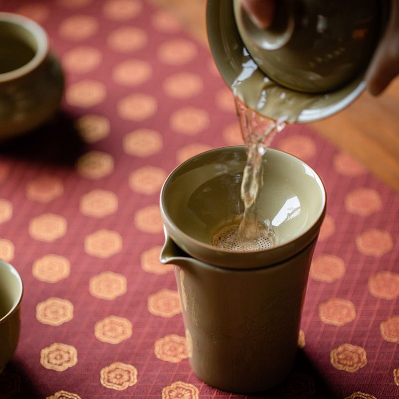 定窑黄折枝盖碗套装中式复古风家用客厅茶具茶杯功夫茶具泡茶整套