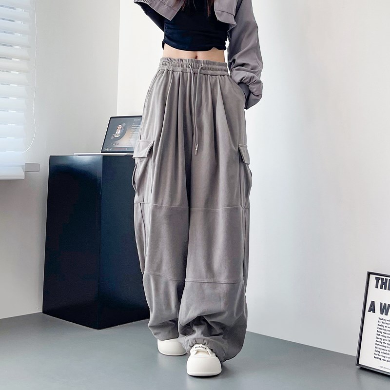 灰色阔腿工装裤女秋季大码胖mm宽松灯芯绒休闲裤高腰显瘦拖地裤子