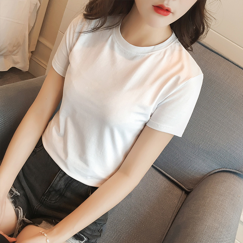 2021春夏季女装新款丝光纯棉修身圆V领纯白色T恤女黑短袖衫体桖