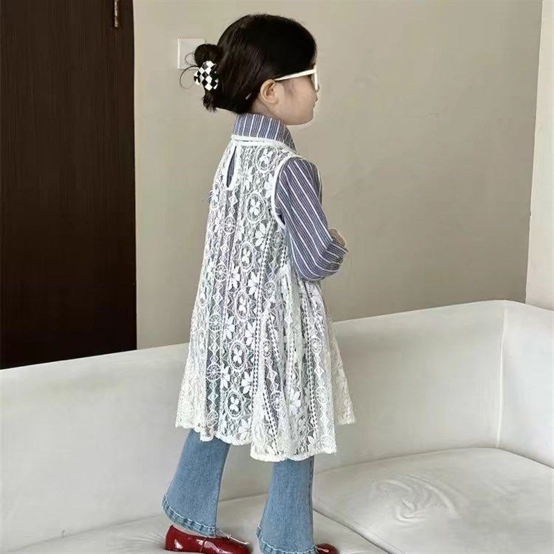 女童套装春秋款儿童洋气衬衫女宝森系蕾丝背心连衣裙牛仔裤三件套