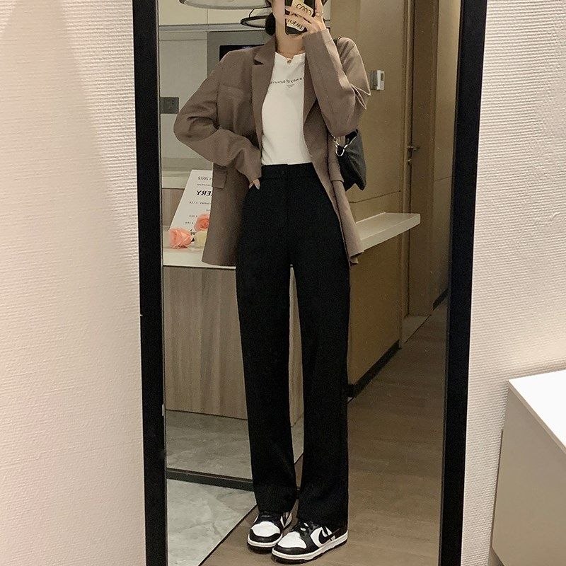 前开叉裤子女秋季新款高腰阔腿垂感休闲显瘦小个子西装拖地直筒裤