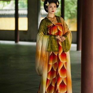 襦一坊丨锦鲤 中晚唐齐胸鱼鳞裙对襟衫披帛真丝双绉雪纺汉服女夏