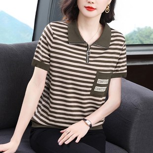 中老年女装妈妈夏装纯棉POLO衫女有领短袖t恤条纹上衣服翻领小衫