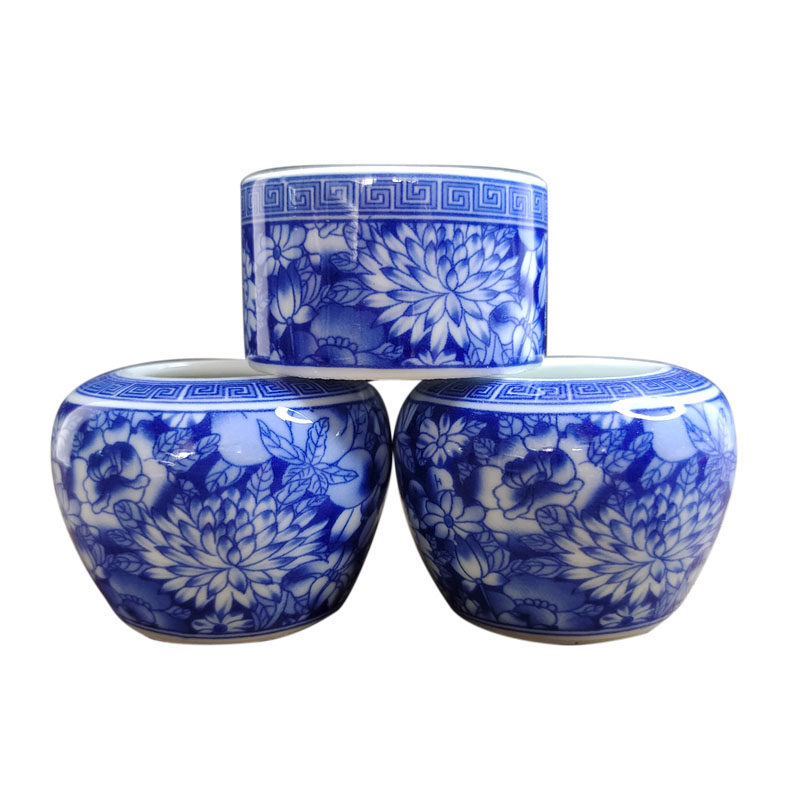 景德镇精品靛颏百灵芙蓉鸟食罐鸟杯鸟碗万花青花瓷三件套鸟用品