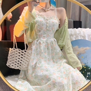 针织开衫配裙子女夏2023新款法式初恋甜美碎花吊带连衣裙两件套装