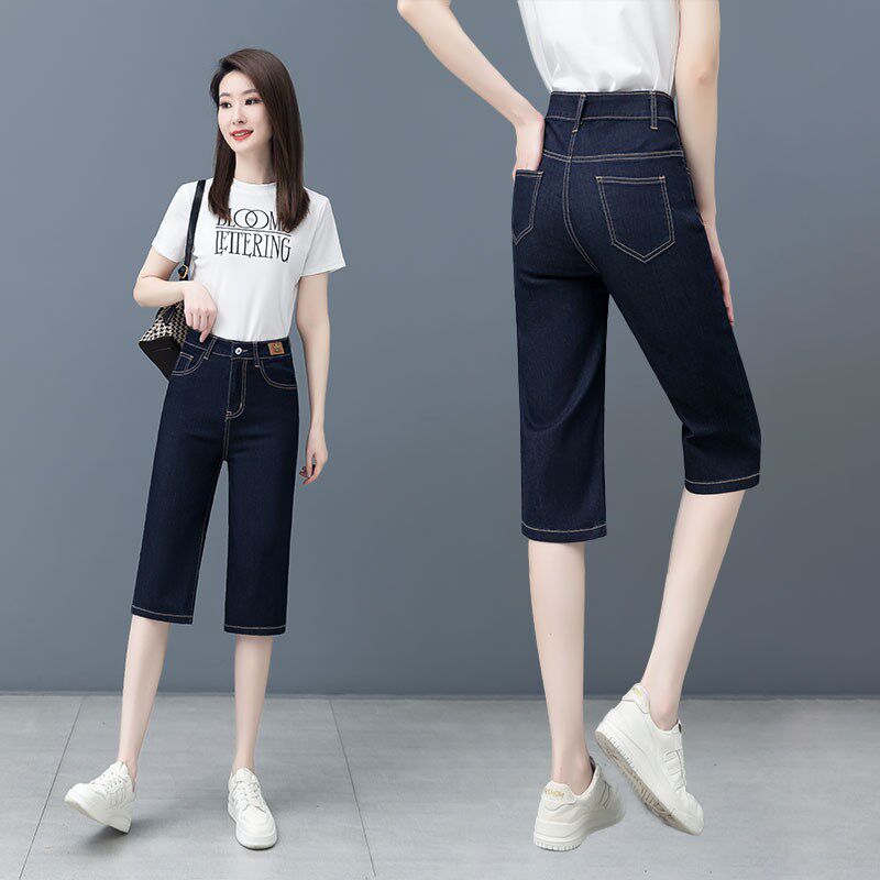 女高腰夏季新款休闲阔腿裤薄款七分牛仔短裤宽松弹力显瘦直筒中裤
