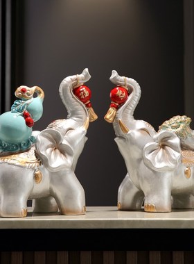 陶瓷大象摆件一对创意客厅电视柜酒柜轻奢玄关家居装饰品乔迁礼品