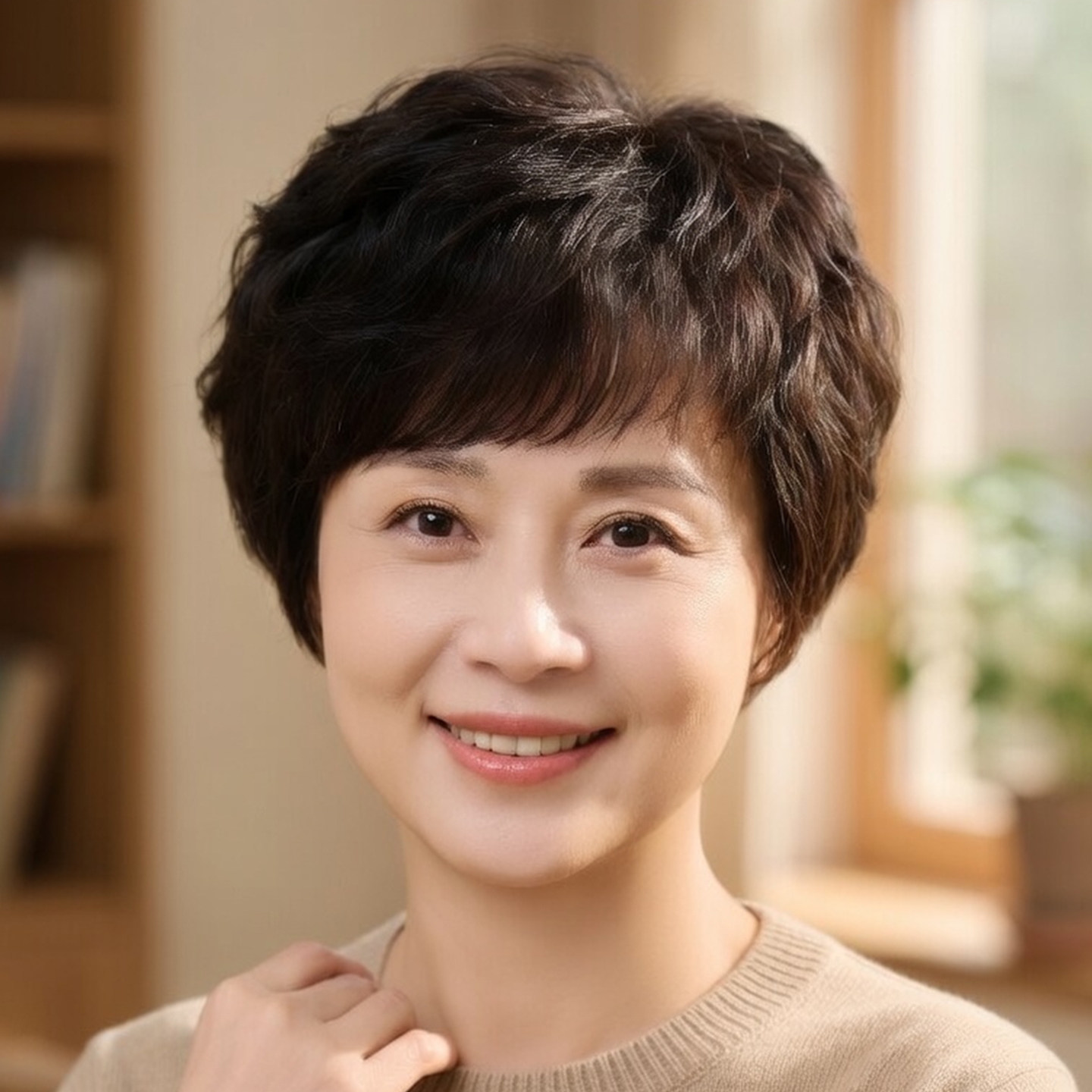假发全头套女中老年假发女短卷发真人发丝透气夏季透气自然妈妈款