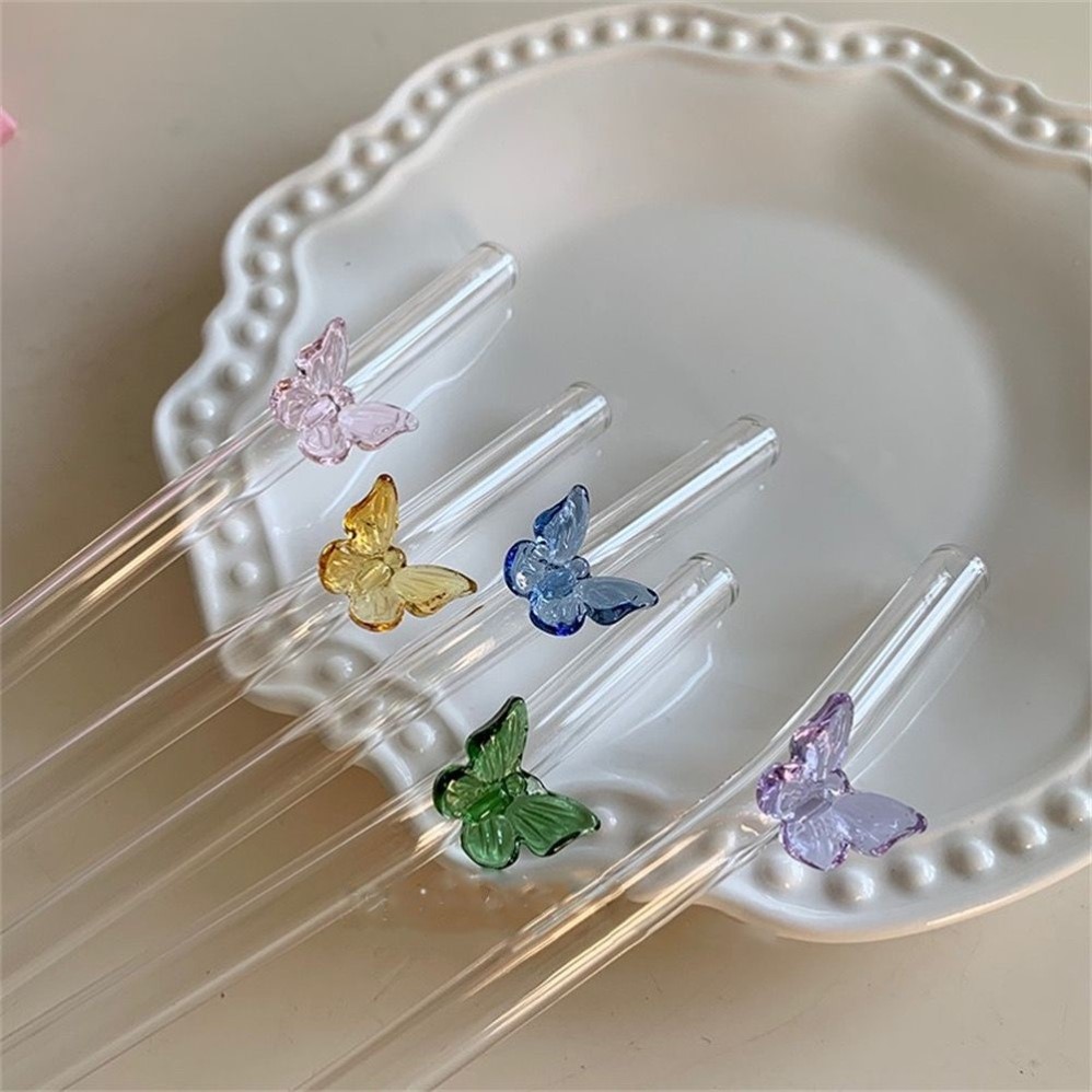 精致彩色蝴蝶玻璃吸管透明ins高颜值可重复使用耐高温弯头牛奶咖