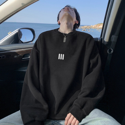 美式简约黑色圆领卫衣男款春秋冬季潮牌宽松休闲大码男生无帽