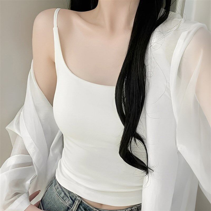 吊带上衣女内搭带胸垫美背文胸一体背心夏外穿泰国绝美小吊带蓝色