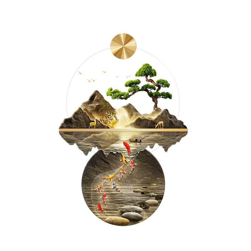 九鱼图玄关装饰画新中式入户正对门壁画灯走廊过道山水高端挂画