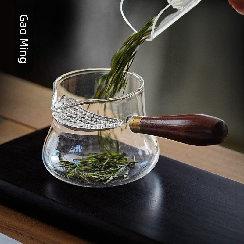 月牙侧把公道杯玻璃茶滤网一体2026新款木柄高档泡绿茶水自带茶漏