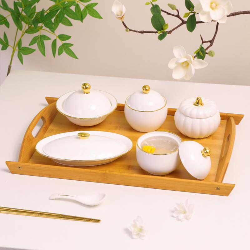 产妇专用陶瓷月子餐具套装环保卫生月子餐一人份带盖炖汤盅碗盘碟