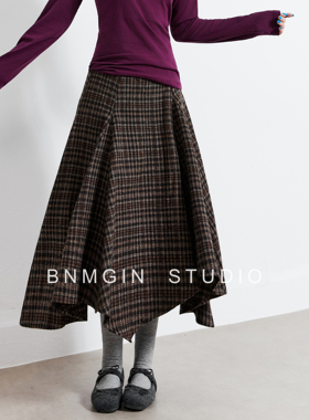 BNMGIN格纹中长款半身裙女韩系复古穿搭宽松不规则裙摆A字长裙子