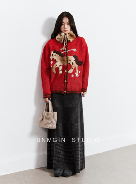 BNMGIN新年喜庆穿搭马年毛衣女红色氛围感可拆围脖针织开衫厚外套