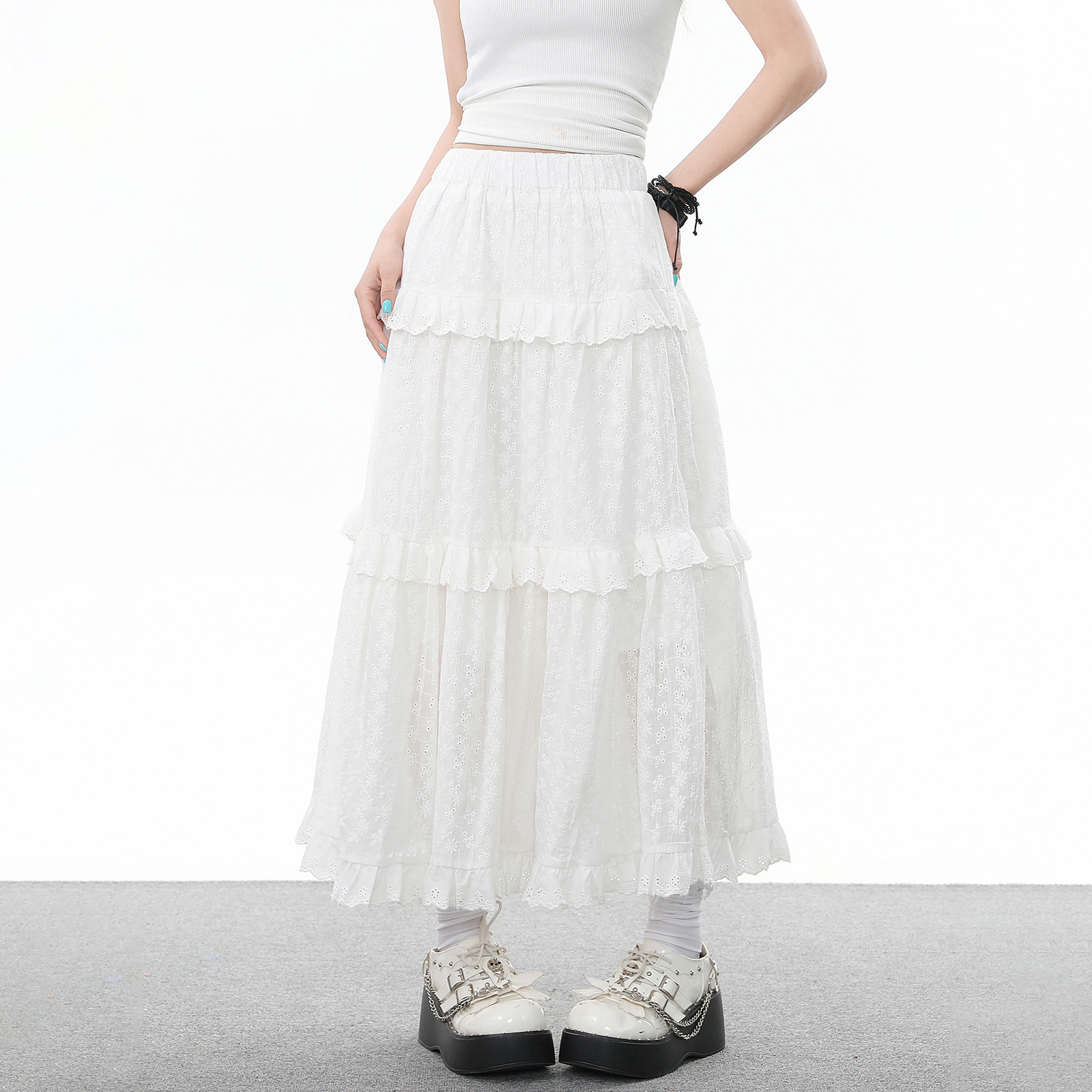 BNMGIN法式提花白色中长半身裙女