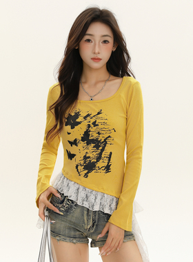 BNMGIN纯欲甜酷蕾丝拼接长袖T恤女超仙荷叶边修身性感印花上衣ins