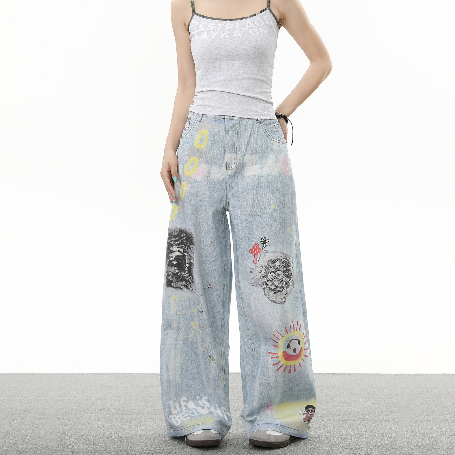 BNMGIN美式街头重工涂鸦牛仔裤女夏季高街小众彩绘宽松拖地长裤子