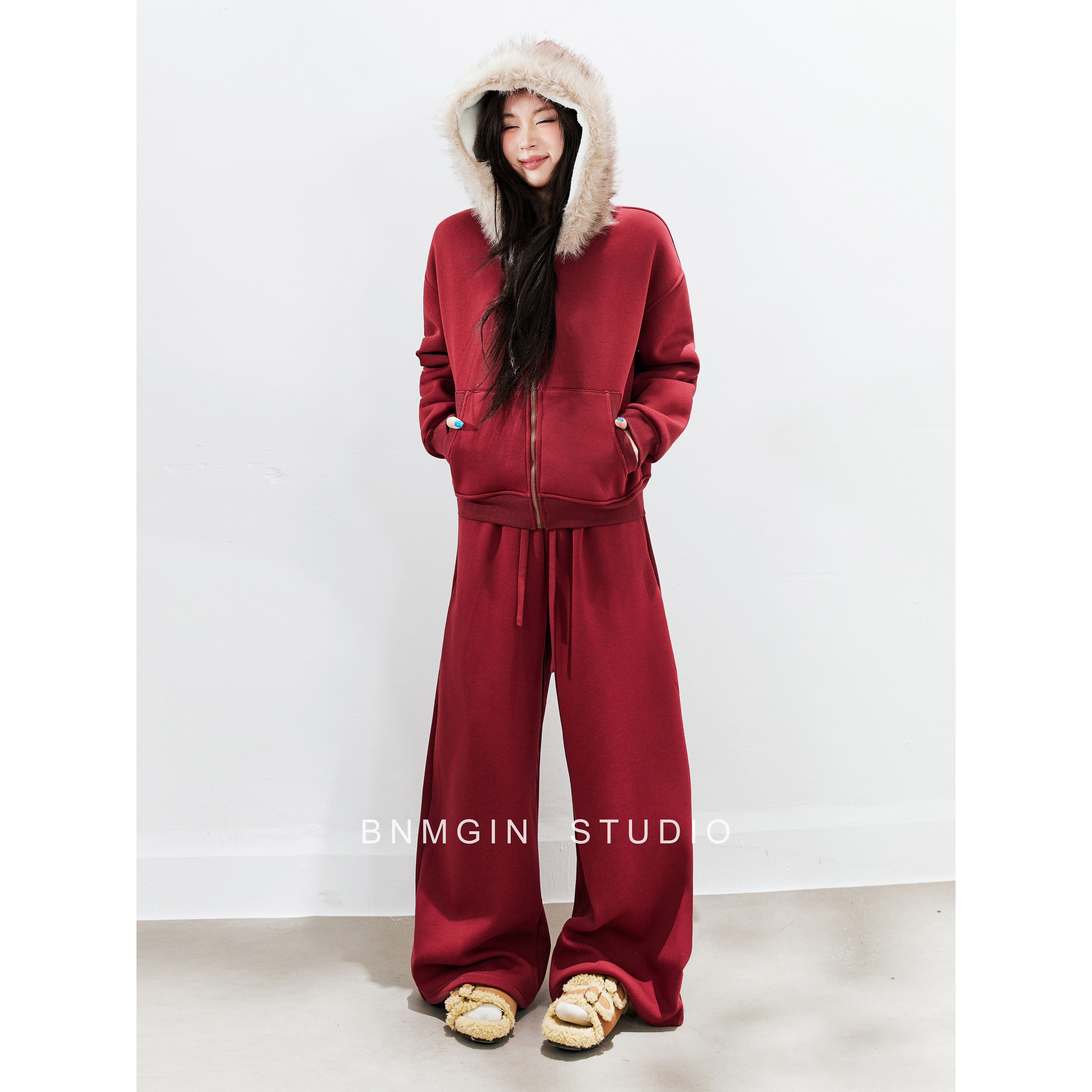 BNMGIN重磅加绒毛领卫衣女新年红色拉链连帽开衫外套运动休闲套装