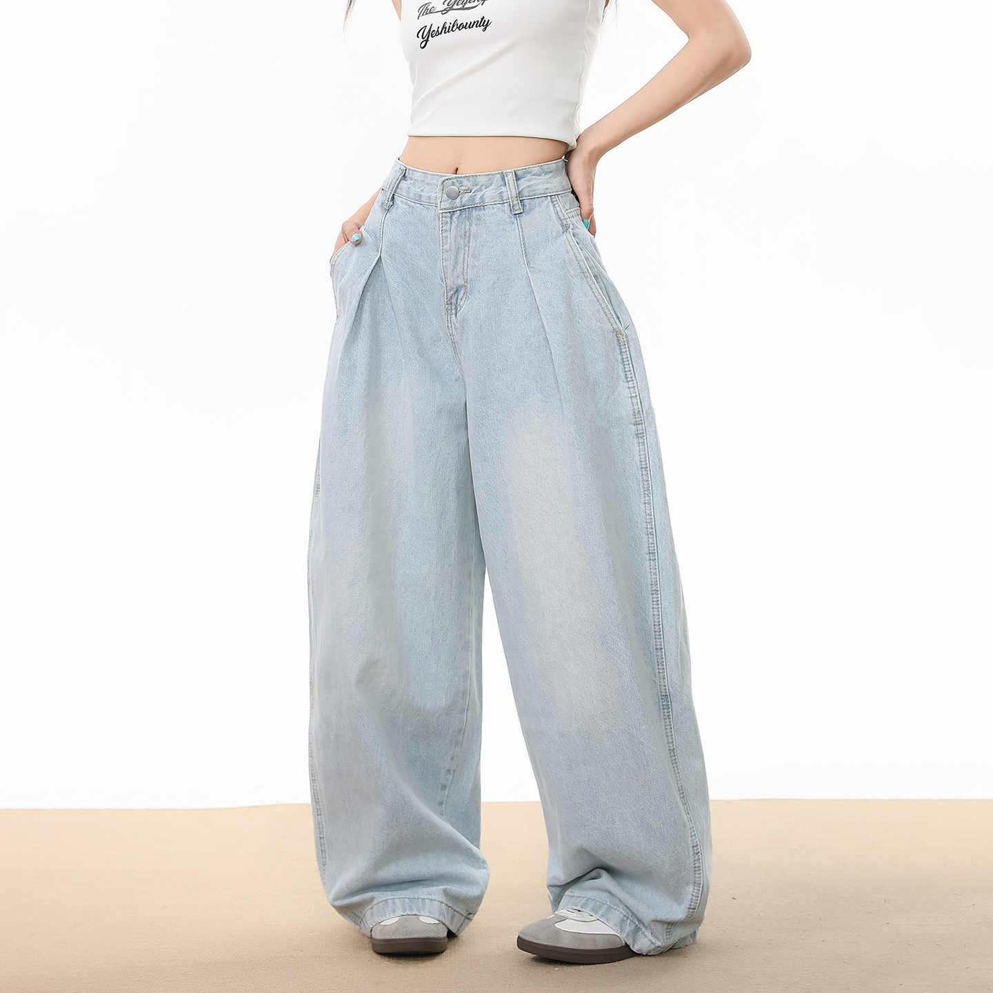 BNMGIN美式街头水洗浅色牛仔裤