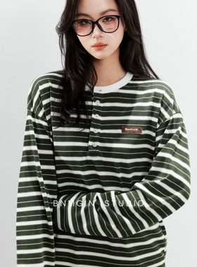 BNMGIN条纹长袖T恤女圆领撞色韩式复古穿搭2026春季休闲风打底衫