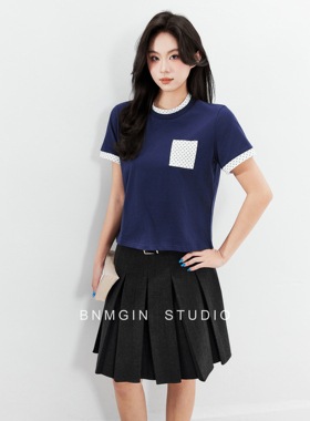 BNMGIN2026夏季短袖T恤女撞色波点拼接圆领绝美巨好看的小上衣女